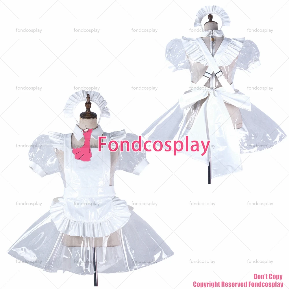 fondcosplay adult sexy cross dressing sissy maid short clear pvc dress lockable Uniform white apron costume CD/TV[G2191]