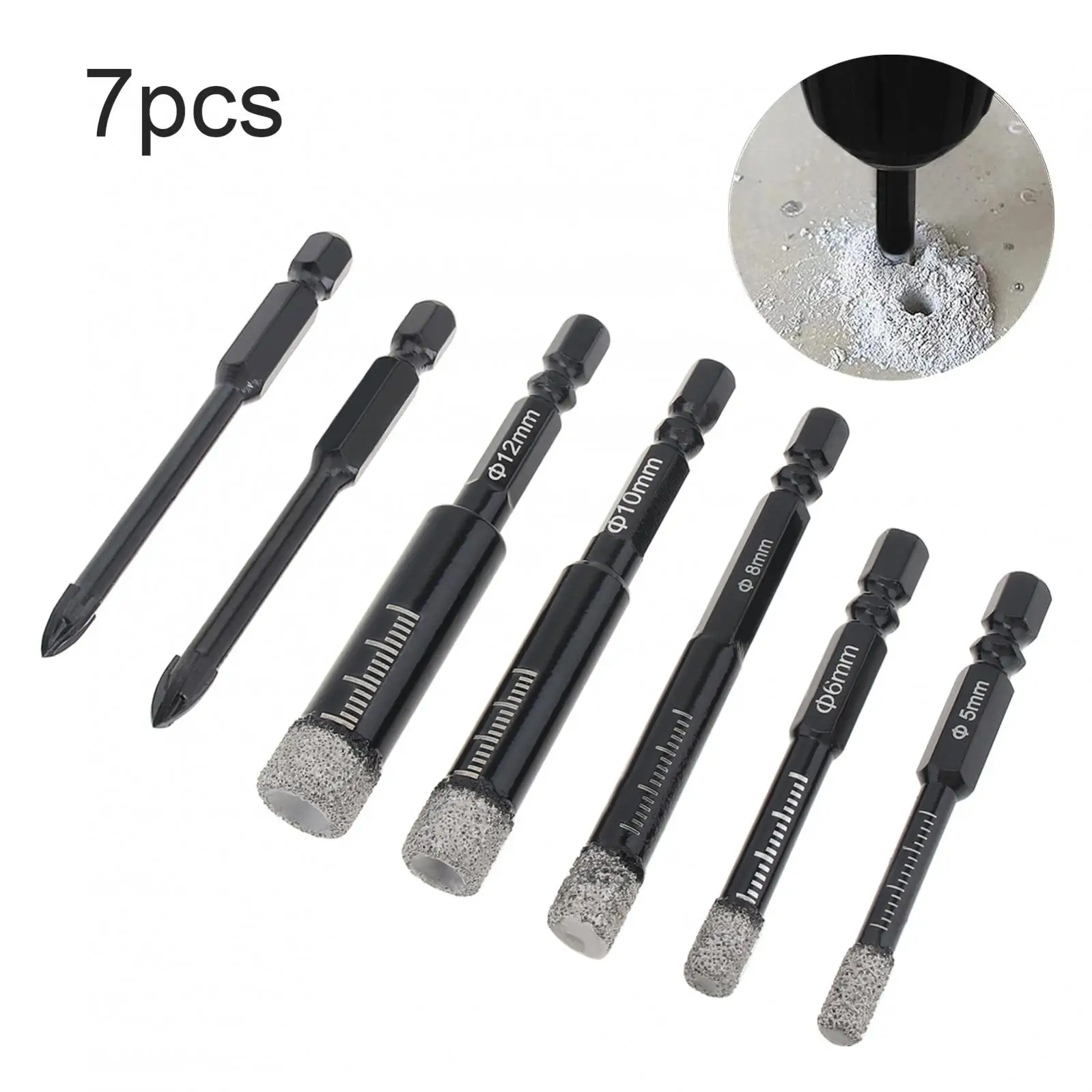 7pcs/set Ceramic Drill Bit 5-12mm 1/4Inch Hex Shank Dry Diamond Drill Bits Set for Granite with 6mm Carbide Triangular Drill Bit