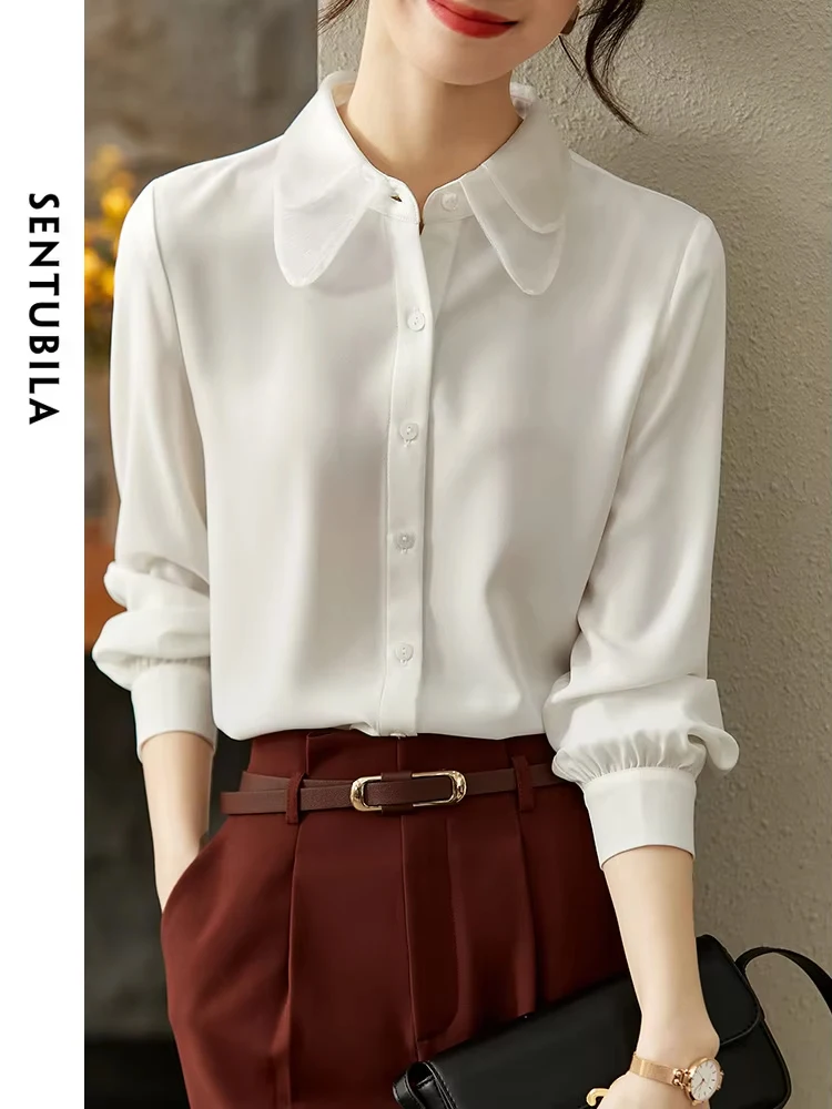 SENTUBILA White Shirts & Blouses for Women Spring Autumn Fashion Long Sleeve Button Up Shirt Mesh Spliced Tops Ladies 123C44917