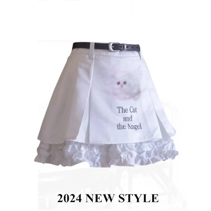 Japanese Style Sweet White Y2k Mini Skirt Hot Girls Harajuku Kawaii Print Skirt Woman Cute Korean Fashion Casual Skirt Chic