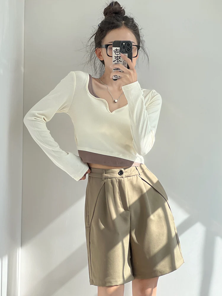 

Slim Fit ort Sve T-irt Women's Spring V-ne Color Blo Long Sve Faionable Slimming ort Length Belly Baring Top