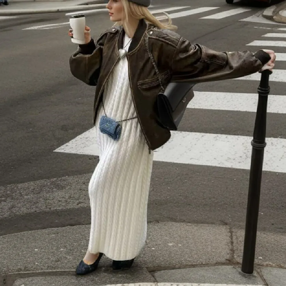 Chaqueta de cuero PU marrón Retro americano para mujer, abrigo de manga larga con cremallera, estilo Bomber, Y2K, holgado, 2024