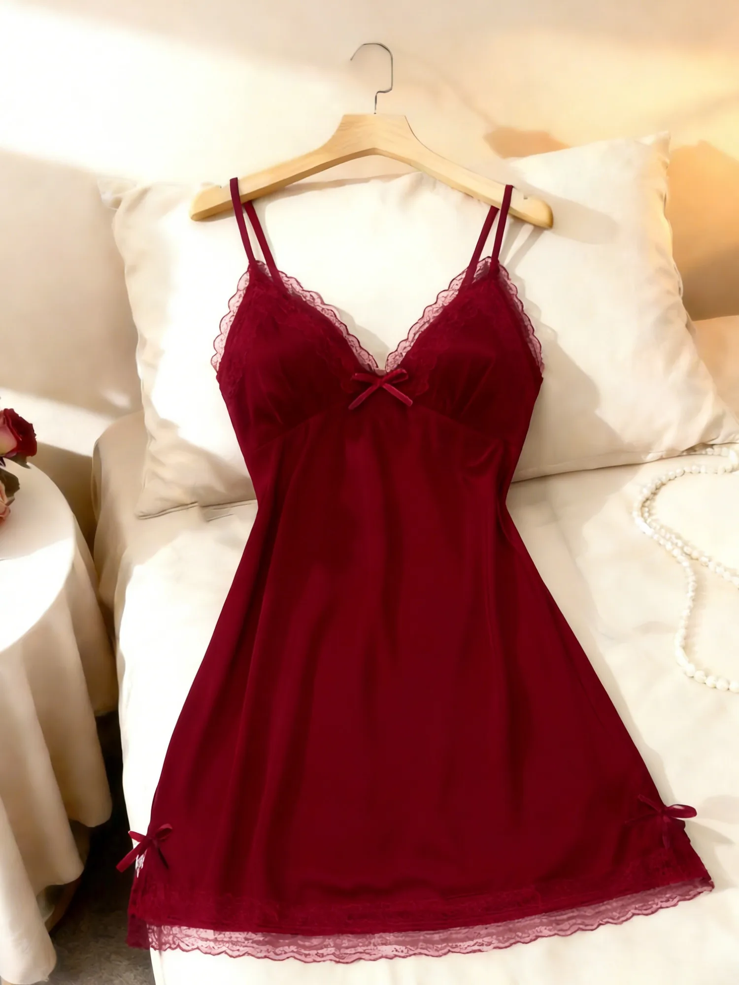 

Women Lace Trim Camisole Nightgown V Neck Sleeveless Sleep Dress Soft Solid Color Sleepwear Loungewear Valentine Gift