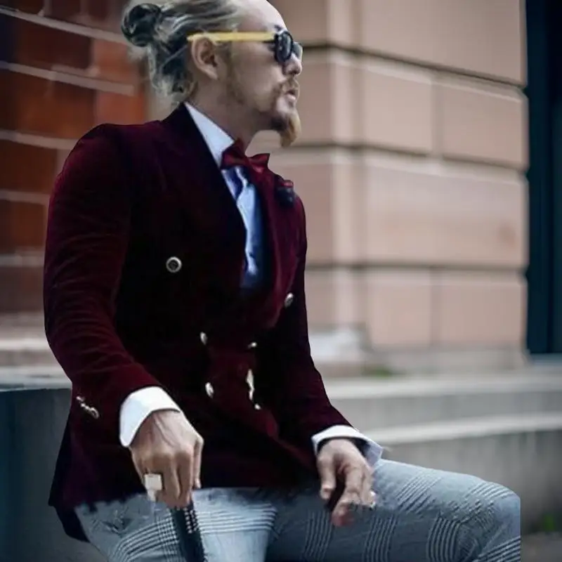 Slim Fit Velvet Suit Jacket for Men 1 Piece Italian Style Double Breasted Smoking Wedding Tuxedo Blazer Male Fashion Suit