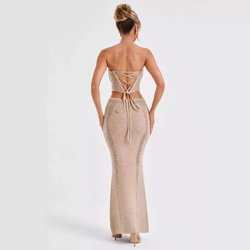 Frauen Urlaub Strand häkeln gestrickt 2 Stück Set aushöhlen träger losen Verband asymmetrische Tank Crop Tops Bodycon Maxi röcke