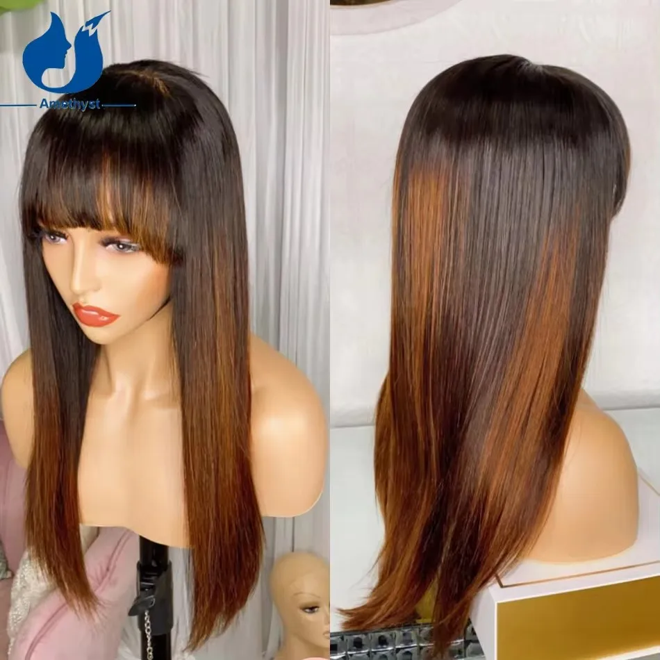 Peluca larga y recta para mujer, cabello humano degradado, parte superior del cuero cabelludo, peluca completa hecha a máquina, resalte el cabello de color rubio jengibre dorado