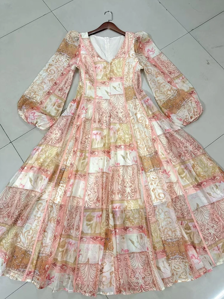 Designer-Sommer-Damenmode 2025, Retro-Kleid mit geometrischem Druck, V-Ausschnitt, geraffter Taille, modischer, lockerer, bauschiger A-Linien-Rock