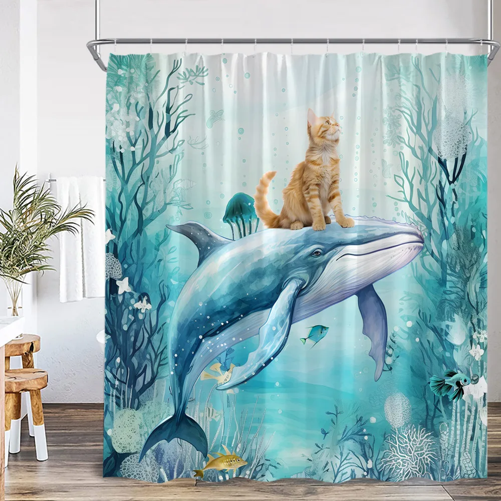 Funny Cat Shower Curtain Cat Riding Shark Dinosaur Flower Floral Polyester Bathtub Curtain Space Planet Bathroom Decor with Hook