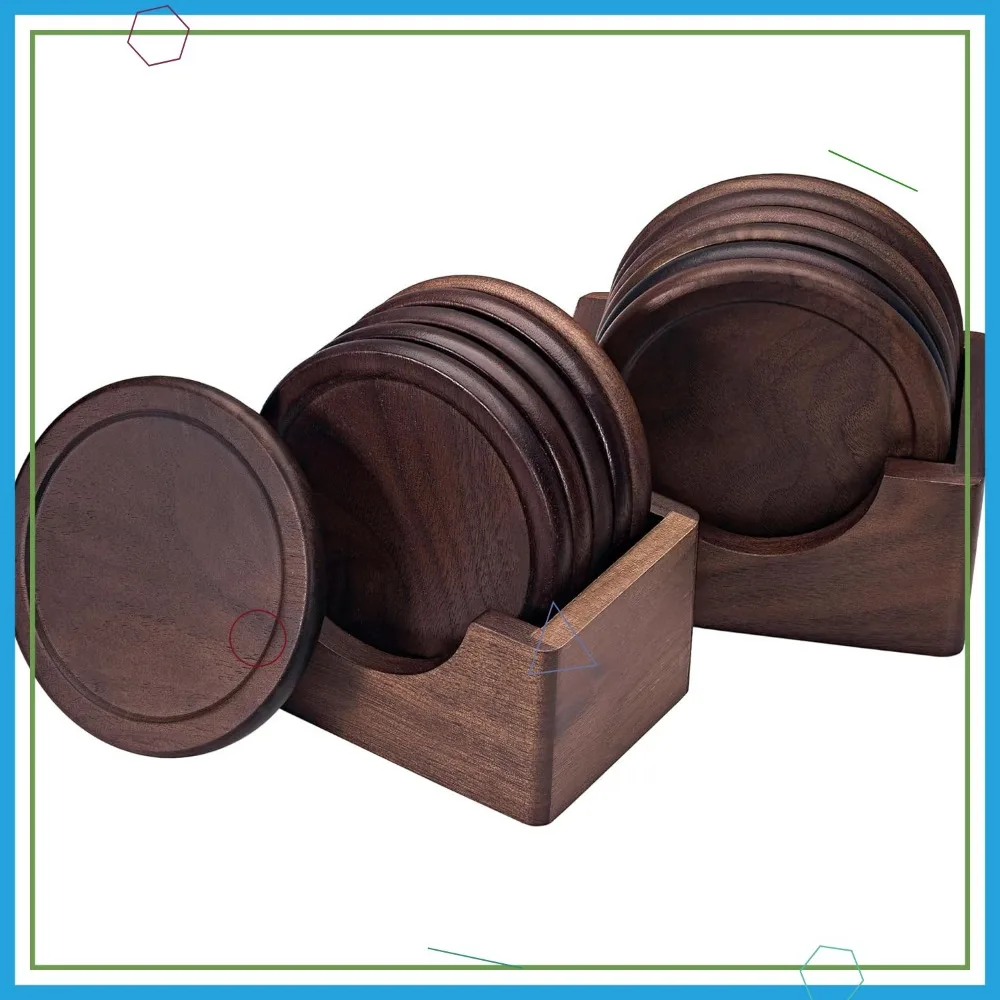 

Natural Wood Coasters Set of 12, Walnut Finish for Dining and Office Tables with Holder Included