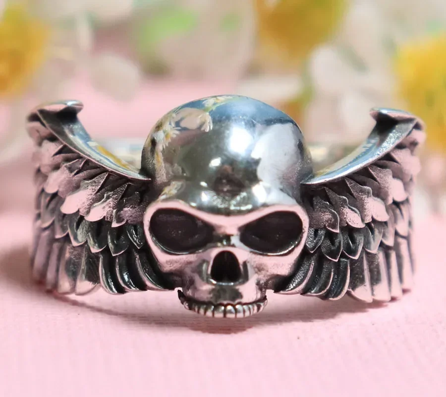 8.5g 3D Demon Angel Wing Skull Mens Womens Gold Rings  Customized 925 Solid Sterling Silver Rings Many Sizes