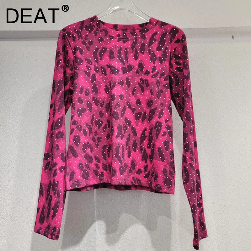 DEAT Fashion New Women's Heavy Industry Hot Drill Leopard Pattern Long Sleeve T-shirt Versatile Printed Tops 2024 Autumn 11A0743