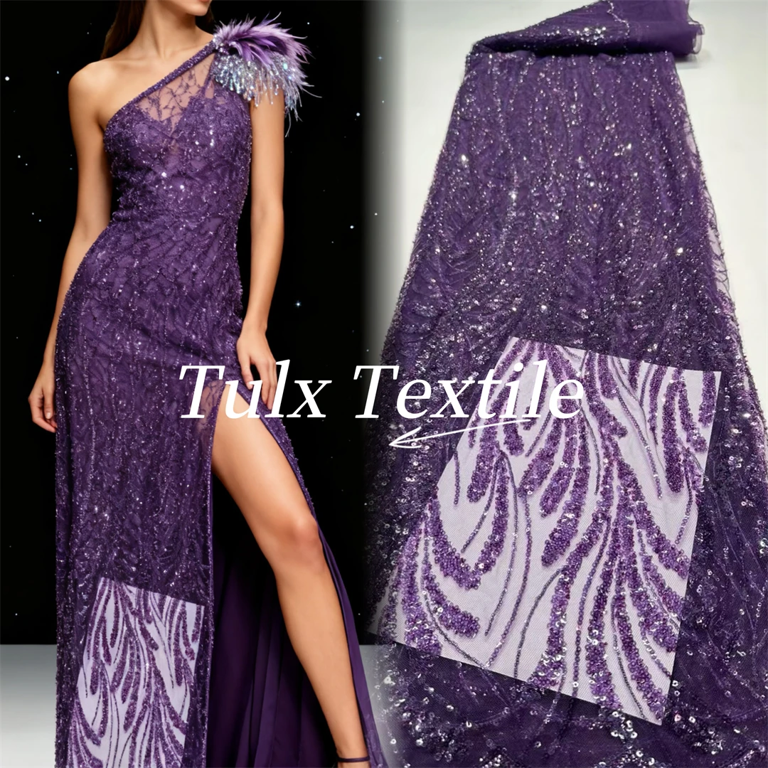 

Роскошная африканская кружевная ткань с вышивкой блестками фиолетового цвета, 2026, высокое качество, французская нигерийская сетчатая кружевная ткань для свадебного платья