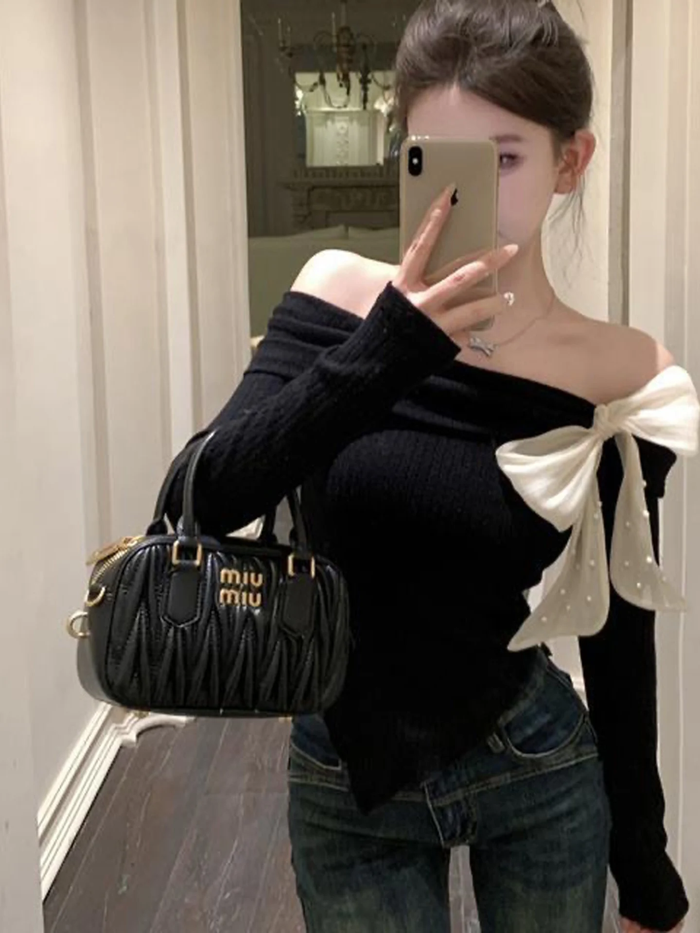 Thickened Cashmere Simulation Long Sleeve Baser Top Women's Fashion  Knot One Shoulder Design Autumn New Style T-shirt