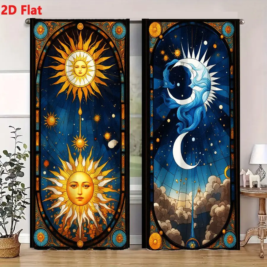 2Pcs Curtains 2D Flat Vertical Stained Glass Panels Sun And Moon Celestial Mythology Cathedral Window Art Window Drapes for Bedr 4