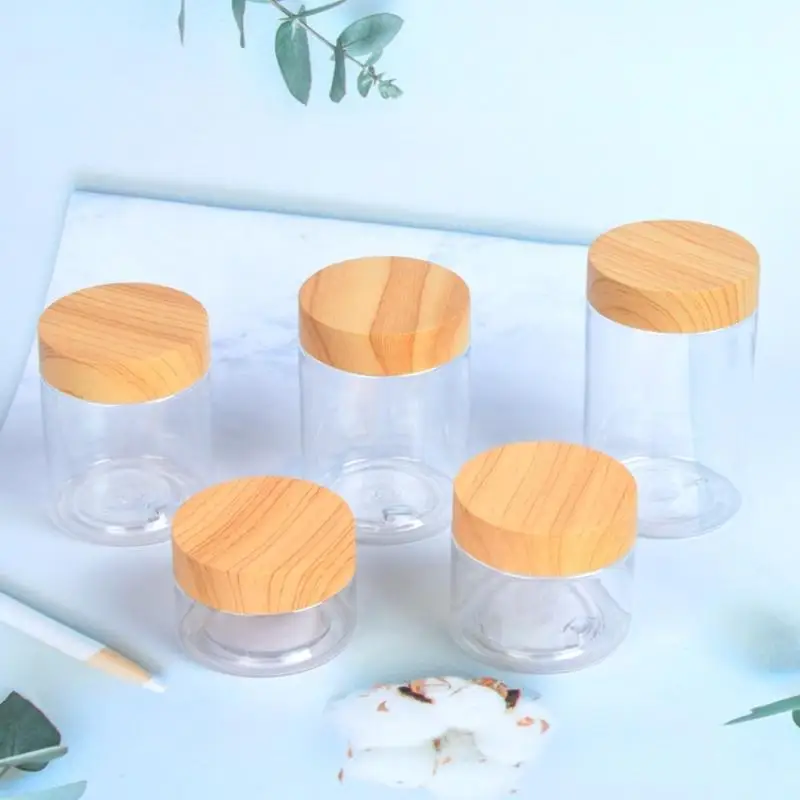 

30-300ml Empty Clear Pet Jars Containers With Imitation Wood Texture Lids Jar Home Plastic Seasoning Bottle