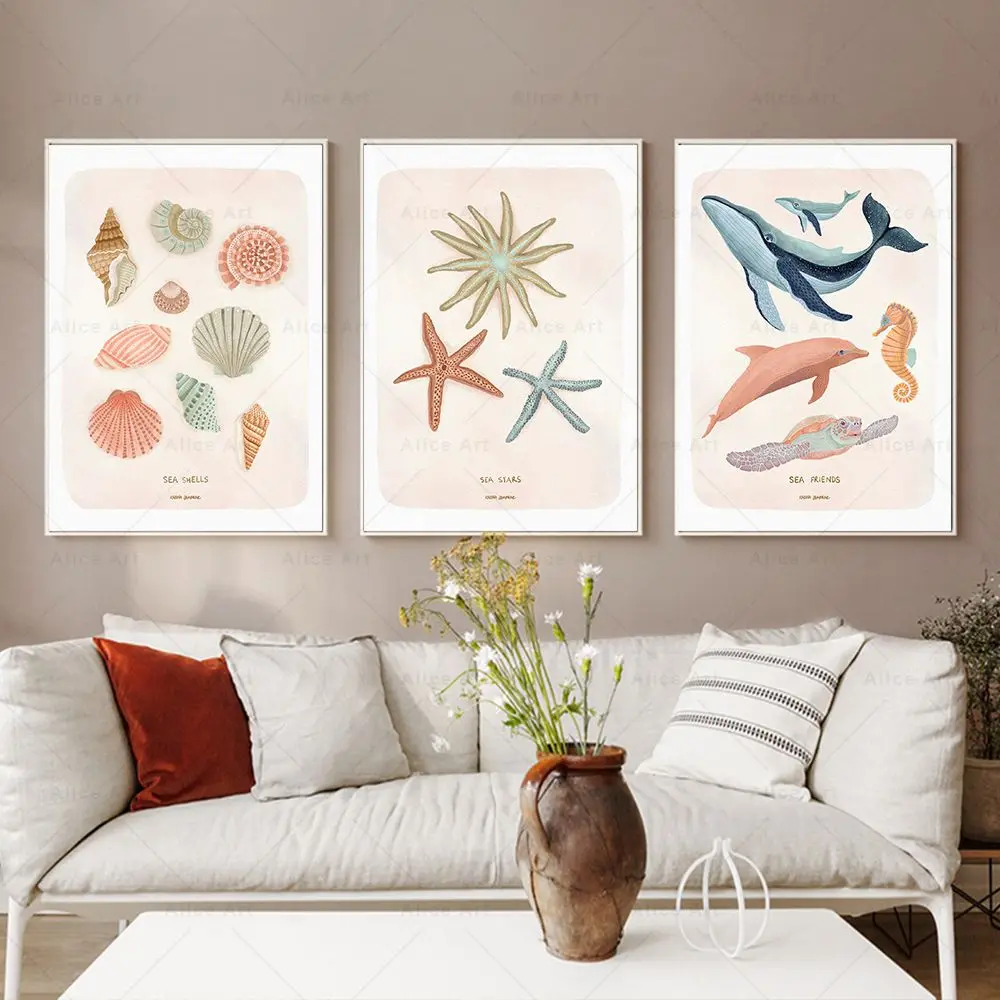 Boho Plant Marine Fauna Poster Sea Star Shell Cartoon Nordic Picture Nursery Wall Art Print Canvas Painting Kids Room Home Decor