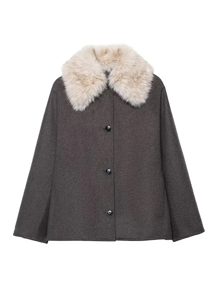 HH otoño mujer elegante piel sintética efecto escote botón bolsillos decorar abrigo mujer solapa manga larga chaqueta suelta estilo callejero