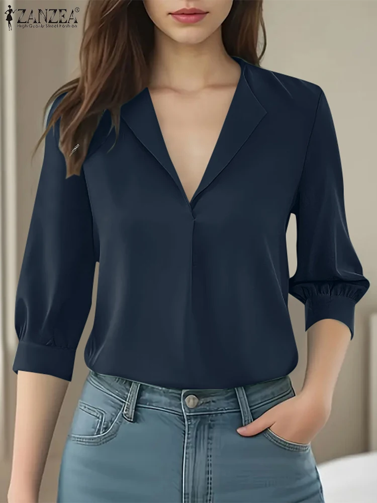 

ZANZEA Fashion Woman Blouses 2025 Spring 3/4 Sleeve Turn-Down V-Neck Casual Blusas Mujer Office Commute Solid Color Smock Tops