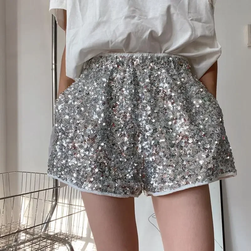 Women's Shorts Fashionable Elastic High Waisted Loose Slimming Wide Legs Sparkling Sequin Hot Pants Women's Shorts with Boots