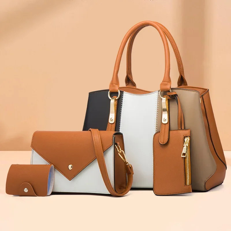 2024 New Fashion Contrast Color Women's Handbag One Shoulder Crossbody Bag Daily Versatile Mother and Child Bag Four-piece Set