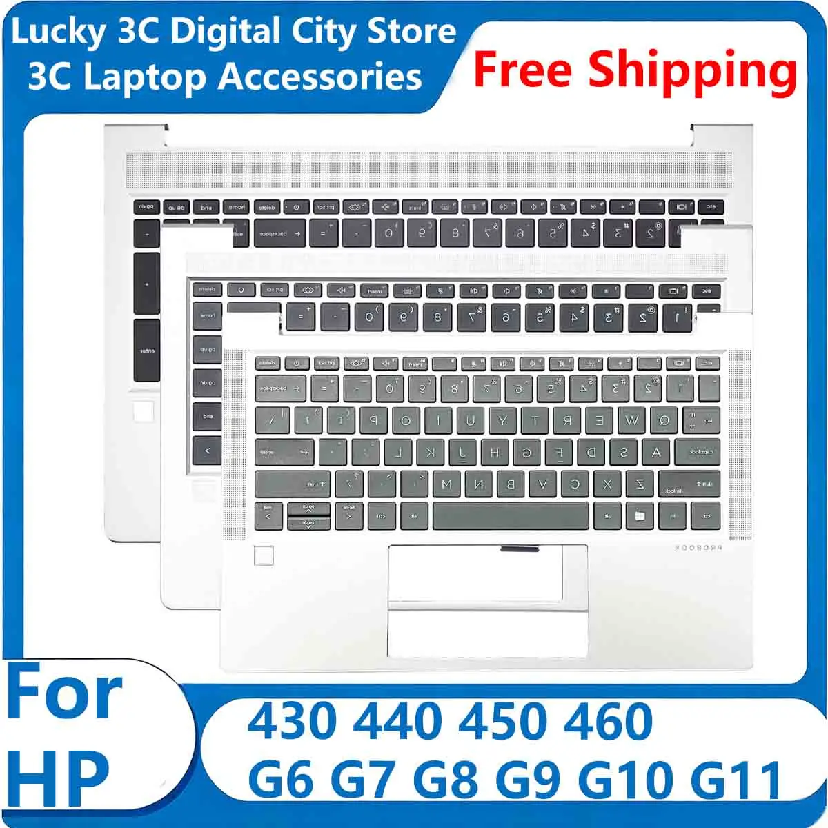 New For HP 430 440 450 460 G6 G7 G8 G9 G10 G11 Replace Laptop US Keyboard with Backlit Palmrest Upper Case Accessories Silver
