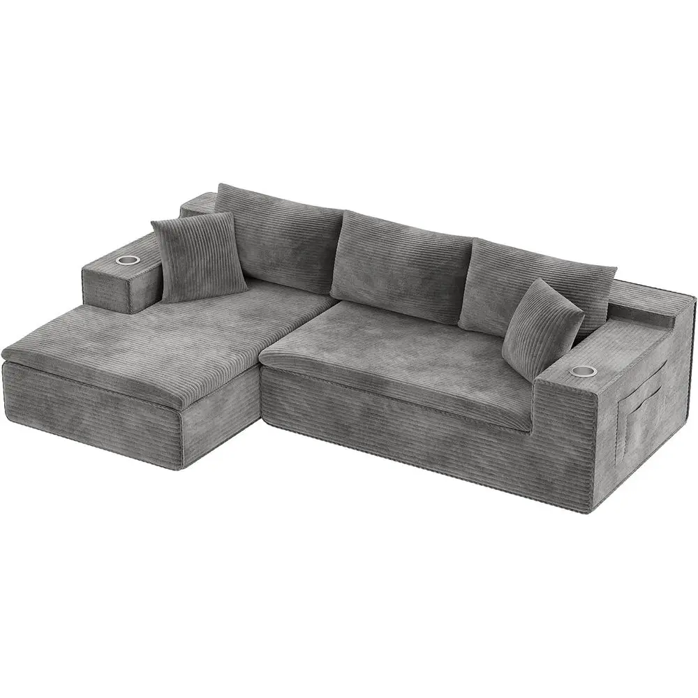 

Memory Foam L-Shape Sectional Sofa with Deep Seating, Chaise, Cup Holders, and Side Pockets - Gray, No Assembly Needed