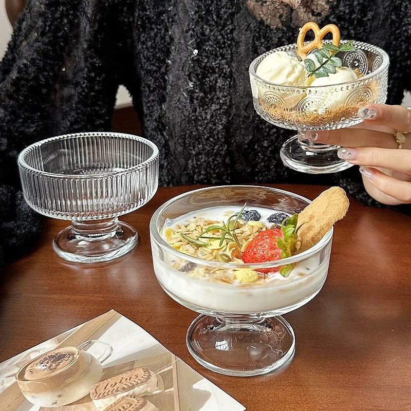Ins Style Glass Ice Cream Bowl, Stemmed Yogurt Dessert Cup for Pudding, Tall Foot Milkshake Vessel