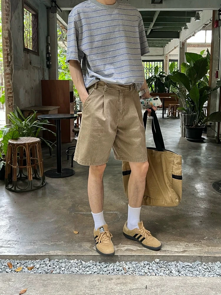 American Retro Casual Brown Denim orts Men Summer Cleanfit Loose Versatile Straight Tube Five-Point Pants Youth Active Sle