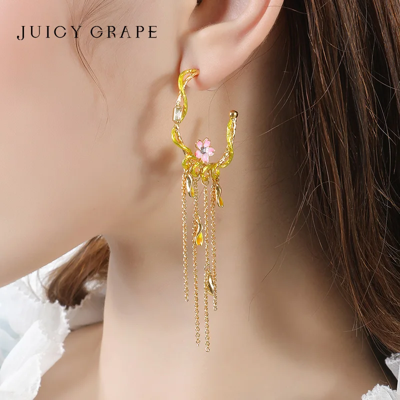 JUICY GRAPE  Elegant Cherry Blossoms Flower Earrings For Women Sweet Light Long Tassel Drop Earring Girls Party Wedding  Jewelry