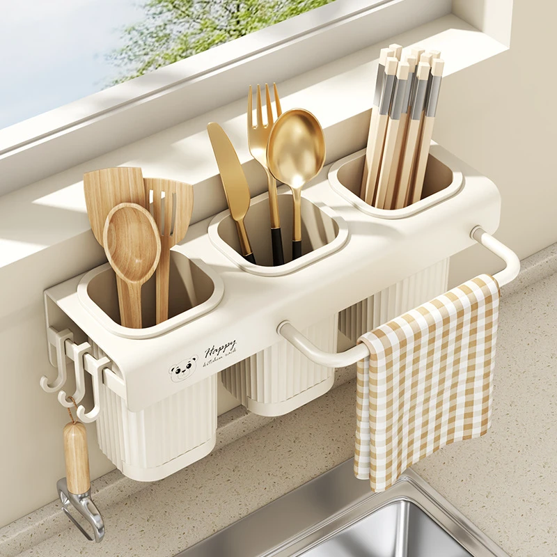 Wall Mounted Chopstick Holder Knife Rack No Drill Kitchen Utensil Organizer All in One Cutlery Storage Rack