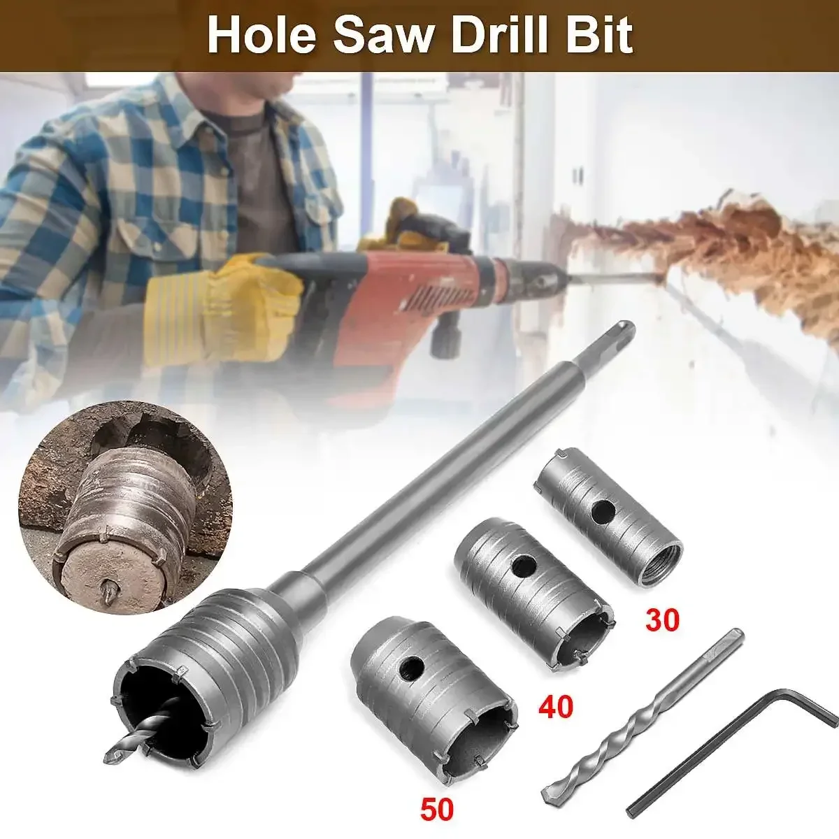 

30/40/50mm 3Pcs SDS Plus Shank Hole Saw Cutter Concrete Cement Stone Wall Drill Bit with Wrench Metal Carbide Tip Hole Saw