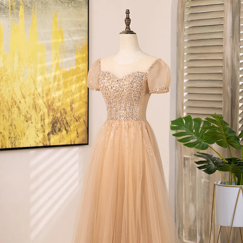 Champagne Beaded Evening Dress Blue, Dark Red Prom Gowns Puff Sleeve Sweetheart Neck Tulle A-line Prom Gown with Corset Back