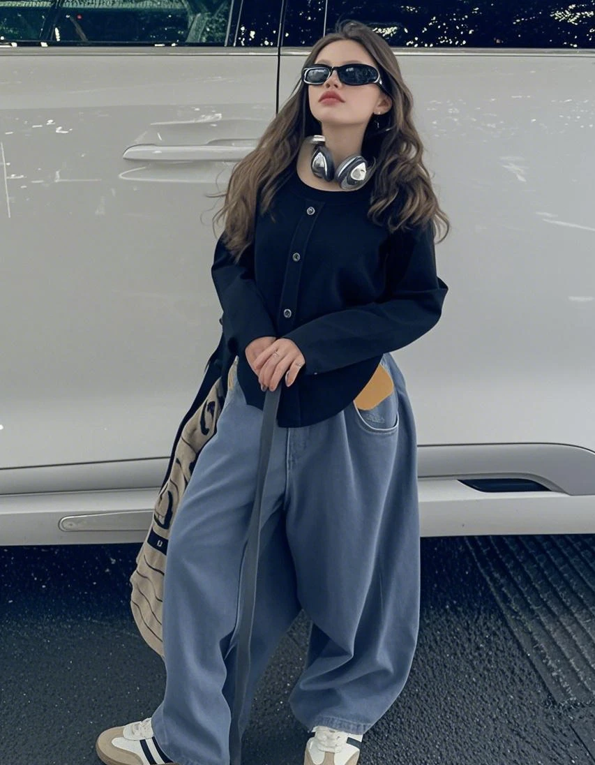 

New Spring Autumn Girls Suit Korean Style Bottoming Shirt Top + Casual Jeans Girls Wide-leg Pants Loungewear