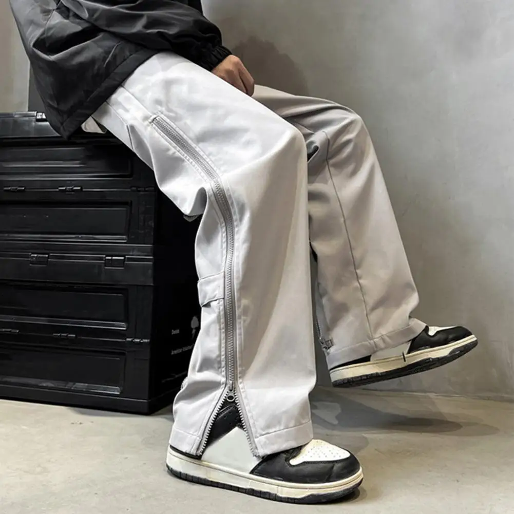 Back Zipper Men Cargo Pants Zipper Decoration Cargo Pants Thick Fleece Lined Men's Cargo Pants Mid-rise Wide Leg Trousers