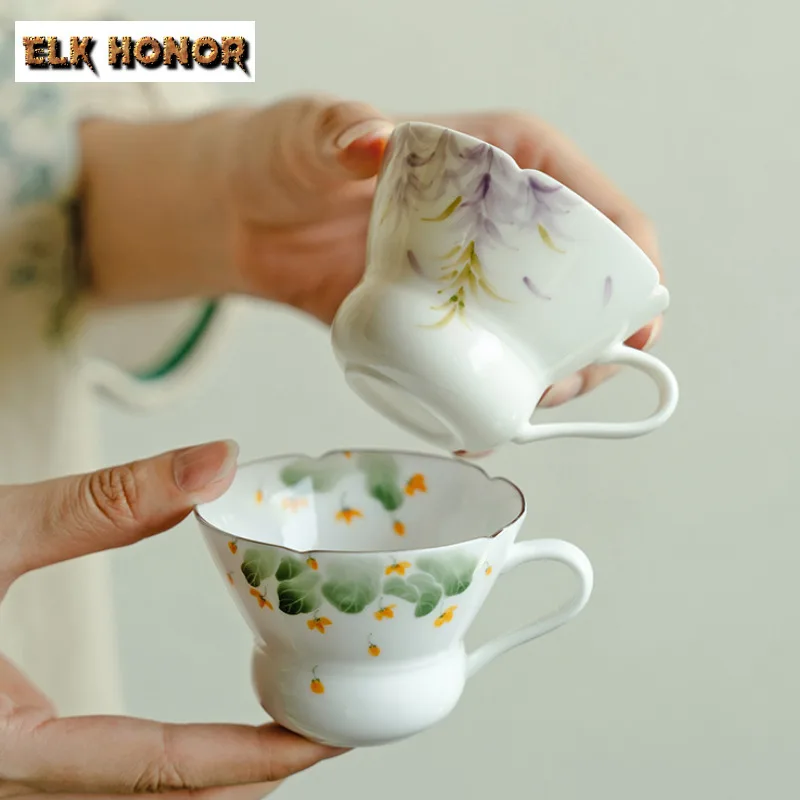 

85 мл чистая ручная нарисованная золотая чашка для чая с османтусом с ручкой, платиновая окантовка, чаша для чая из тыквы, кофейные кружки, кувшин для воды, кунг-фу, чайная посуда