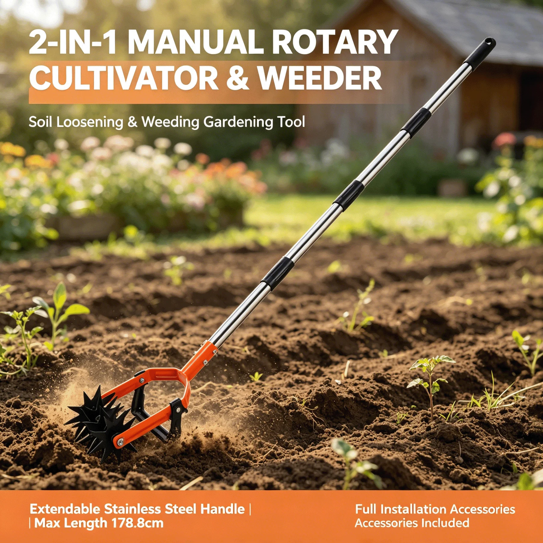 2-in-1-Handkultivator und Unkrautentferner, ausziehbarer Edelstahlgriff, Gartenhacke, Handwerkzeug zum Auflockern des Bodens und zum Unkrautjäten für den Garten, die Farm oder den Gemüsegarten.
