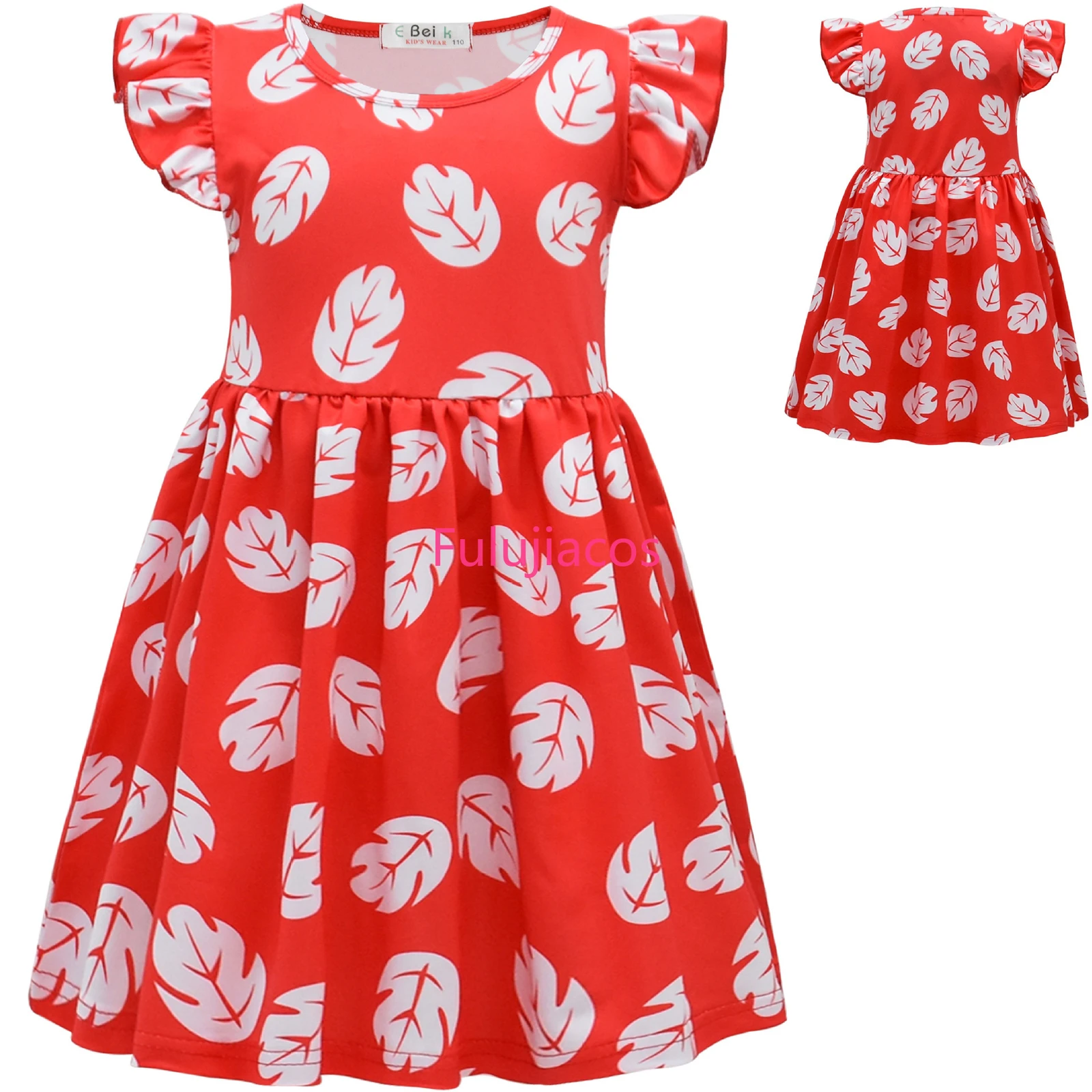

Kids Lilo Dress Girls Red Long Dress with Leaf Printed Summer Beach Hawaiian