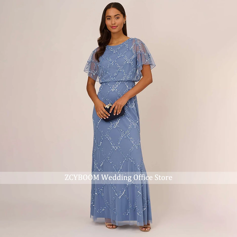 Elegante vestido azul brillante con lentejuelas para madre de la novia, cuello redondo, mangas cortas, hasta el suelo, fiesta de boda, vestidos de noche para invitados, 2023