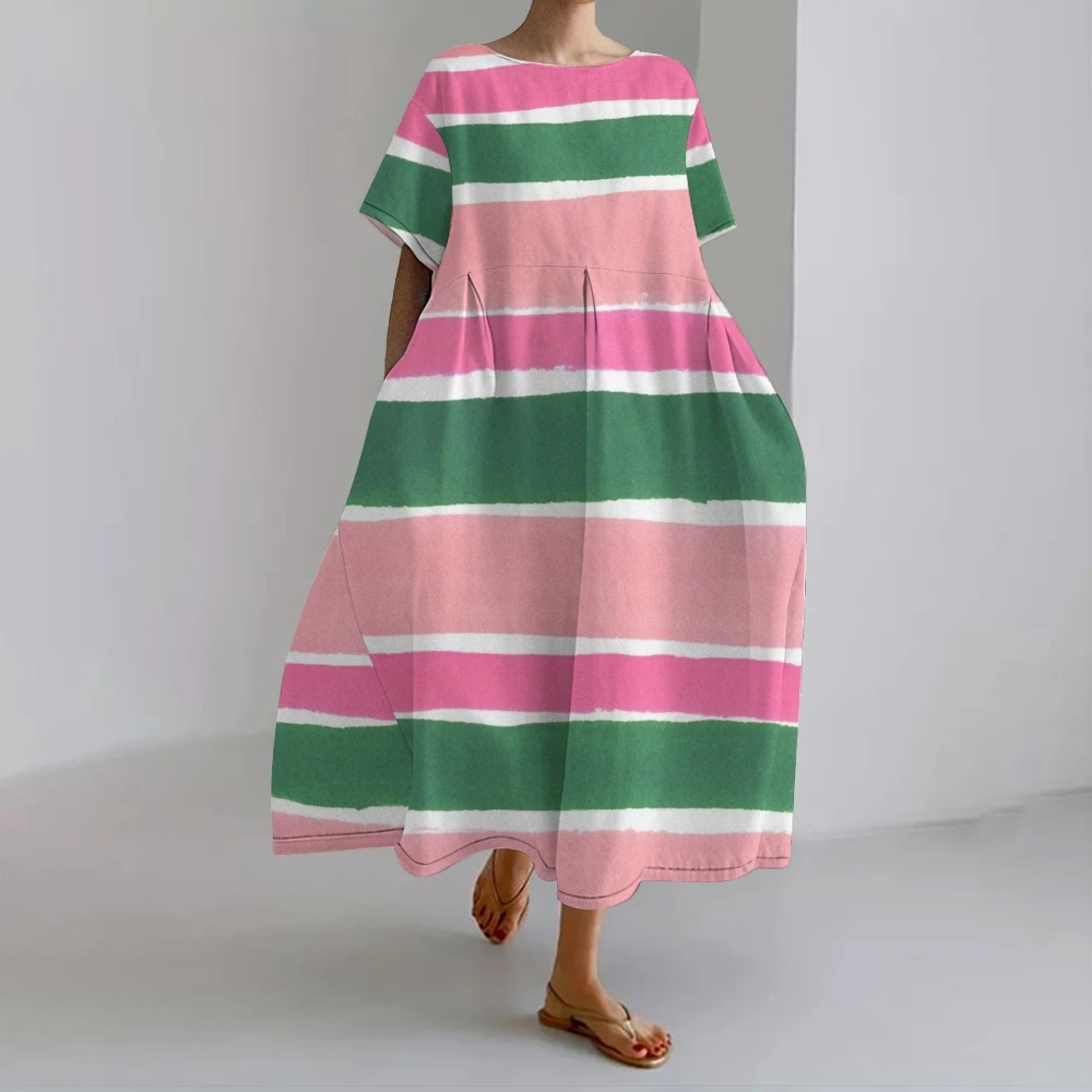 Women's Pink, Green & White Striped Dress Casual Elegance Striped Dress Summer Beach Holiday Strips Dress Party Favors Wears