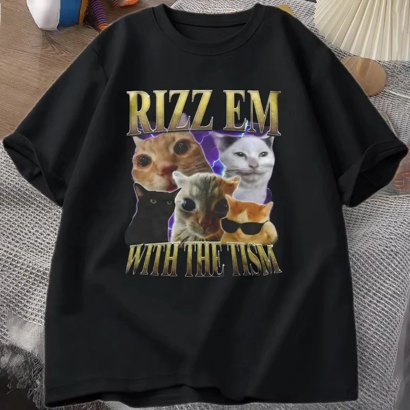 Camiseta gráfica vintage Rizz Em with The Tism para hombre y mujer, camiseta retro de los años 90 con diseño de gato divertido, camiseta informal de algodón de manga corta