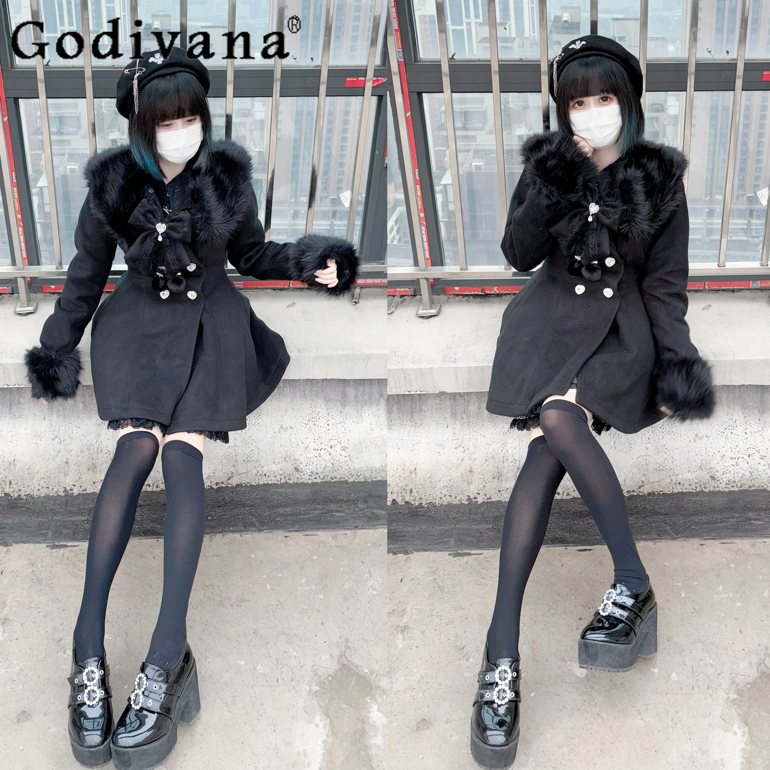 

Original Japanese Mine Mass-Produced Black Fur Collar Woolen Coat Autumn Winter New Women's Slim Fit Elegant Lolita Long Jacket