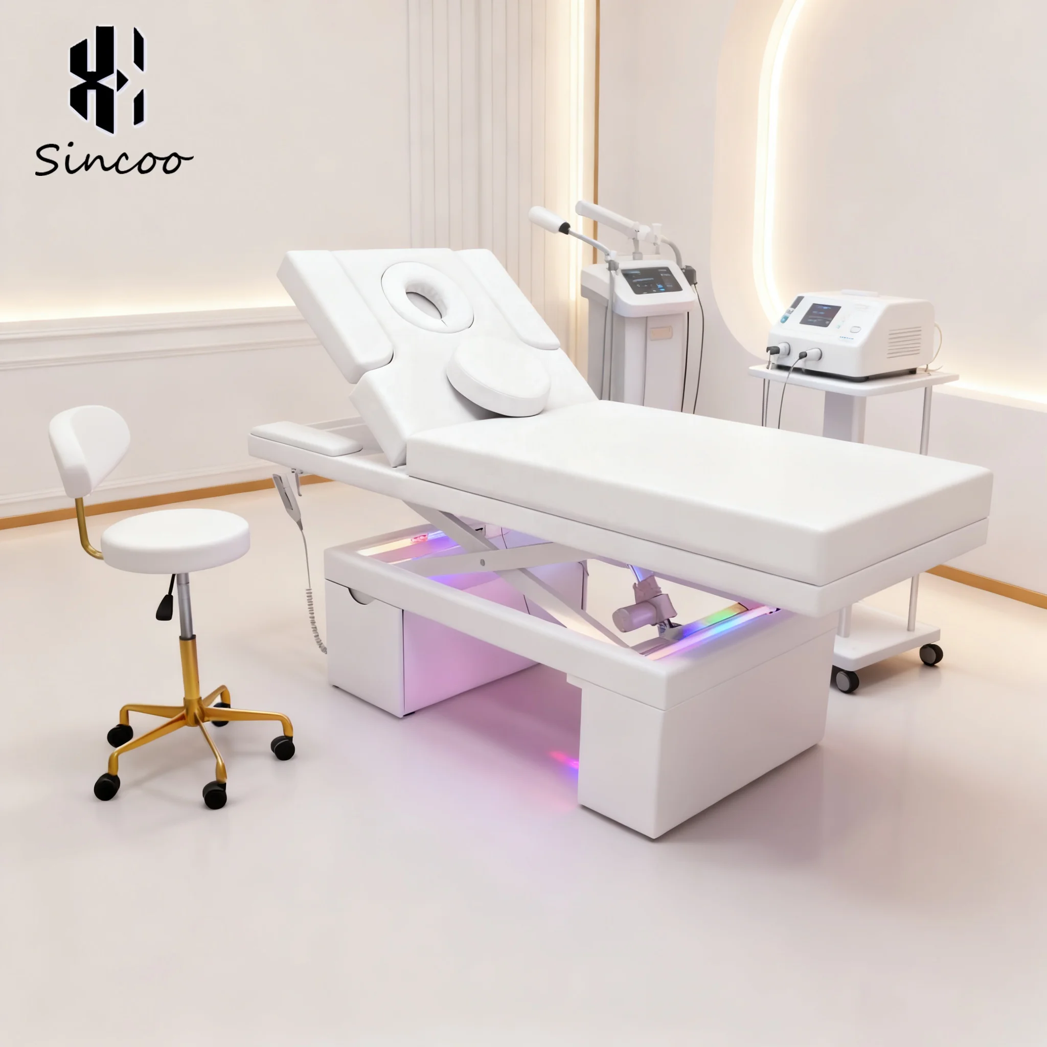 

Manufacturer Electric Massage Bed for Beauty Salon LED Atmosphere Light 3 Motors Adjustable Feature Electric Beauty Bed