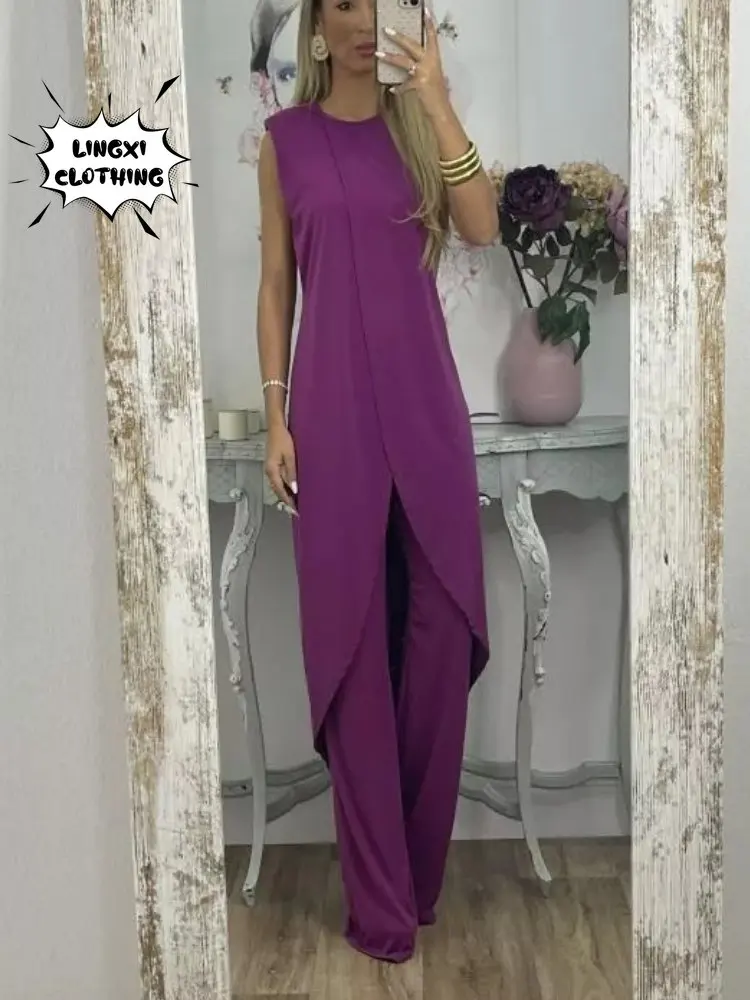 2023 Fashion Summer New Casual Sleeveless Round Neck Sunscreen Suit Large High Waist Wide Leg Pants Women\'s Two Piece Set