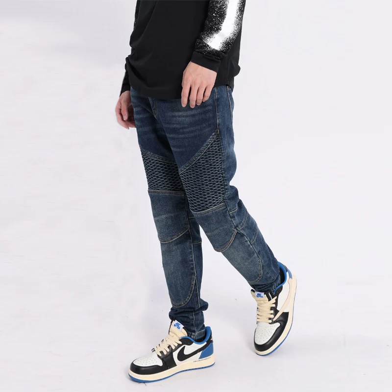 Fashion Streetwear Men Jeans Retro Blue Elastic Slim Fit Spliced Biker Jeans Men Wrinkle Patched Designer Hip Hop Pants Hombre