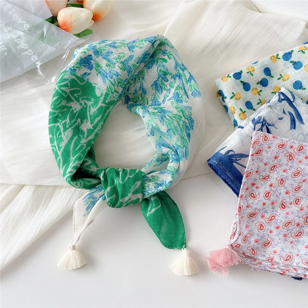 55/60cm Cotton Square Scarf for Women Hijab Shawls and Wraps Square Soft linen Neckerchief Female Foulard Ladies Head Scarves