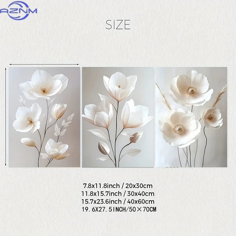 3pcs Modern Peony Flower Wall Art - Beige Vertical Posters, Frameless Paste-to-Hang Botanical Paintings Suitable for Bedroom, D