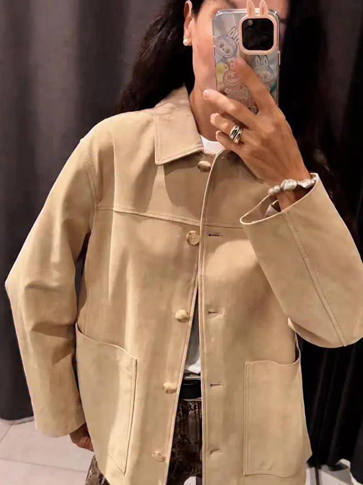 HH Women's Autumn Winter Reverse Vintage Lapel Pockets Jacket Female Fashion Versatile High Street Casual Long Sleeve Coat