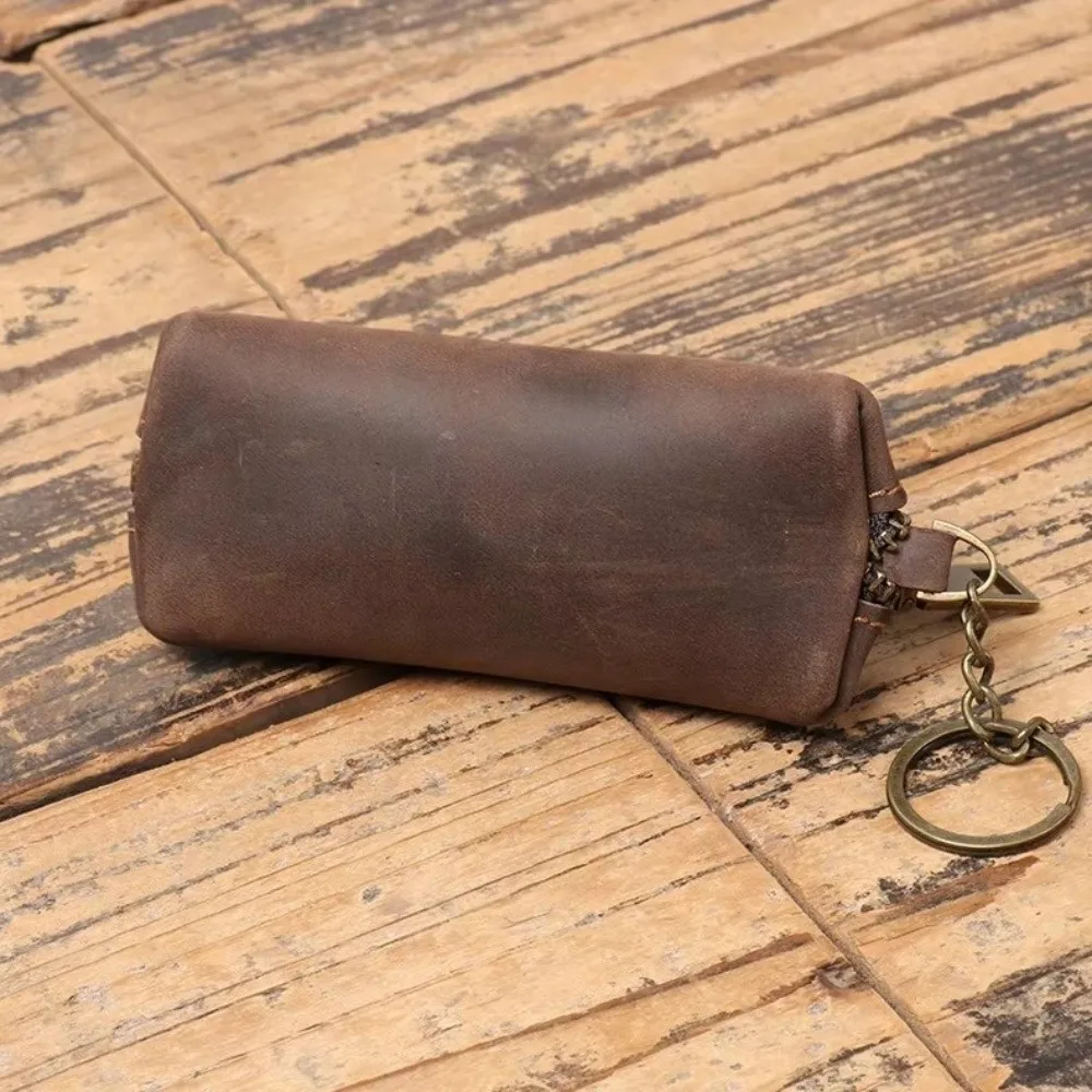 Retro Anti-lost Mini Leather Coin Purse Zipper Solid Color Men Key Ring Pouch Thin Classic Car Key Bag Storage