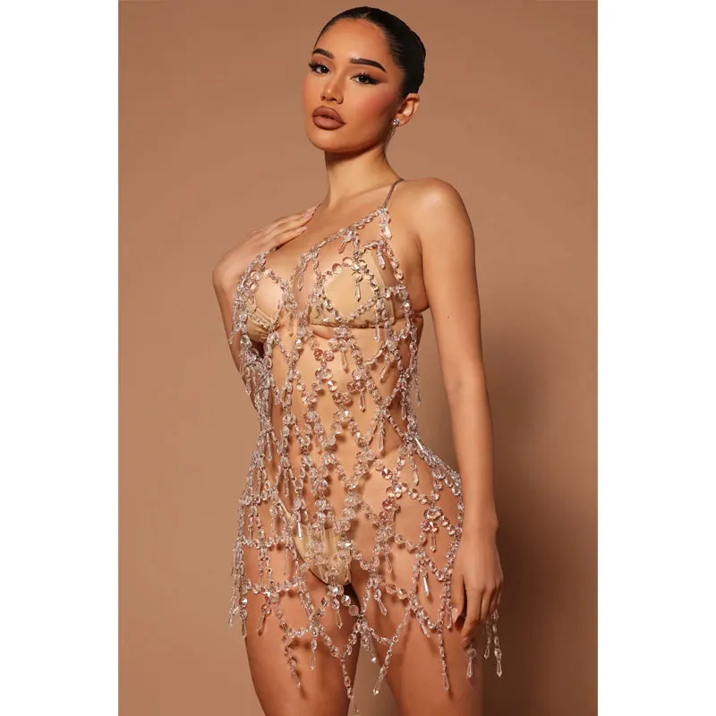 Sexy Metal Acrylic Body Bra Women's Chain Backless Harness Crystal Halter Dress Skirt Party Body Jewelry Festival Clothing