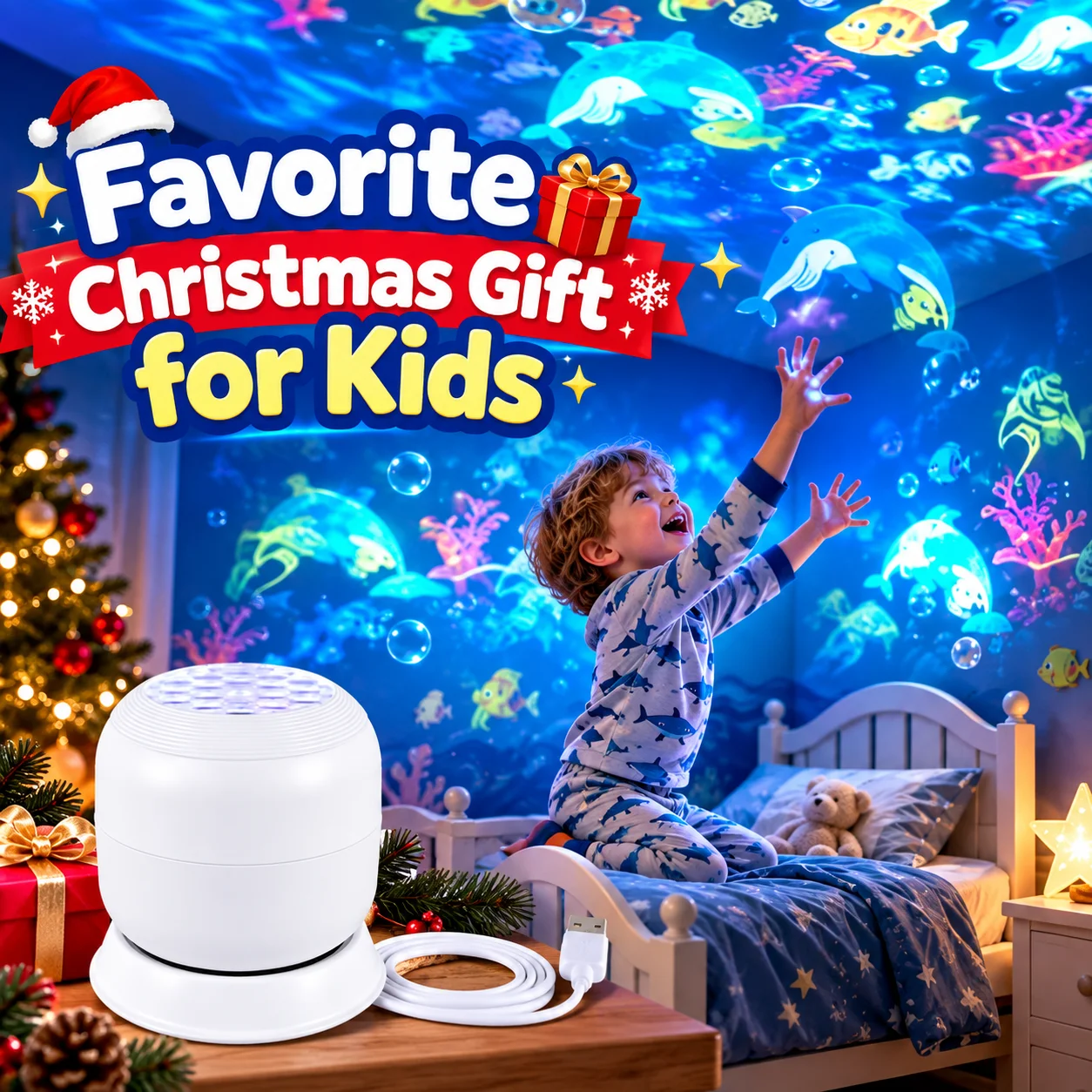 360 ° Projetor de estrelas do oceano com efeito de galáxia rotativa, lâmpada de projeção dinâmica, luz ambiente LED, presente de aniversário ou Natal para crianças.